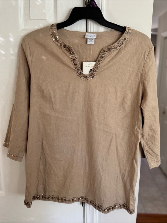 Jaclyn Smith Tops - Jaclyn Smith Women's L Linen Blend Tunic Boho Embellished Beaded Tan Top NWT